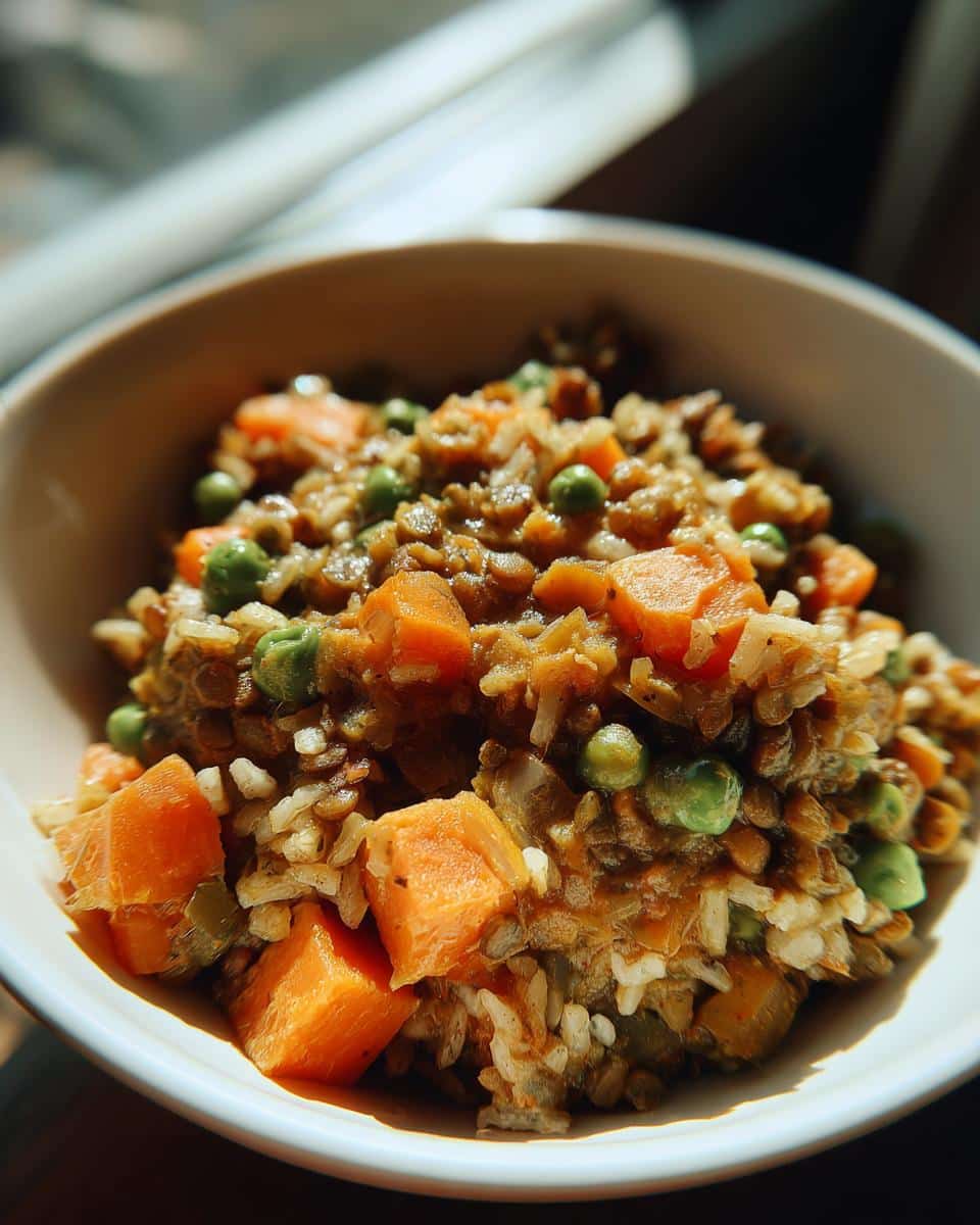 A bowl of homemade Vegan Dog Food Recipe featuring rice, carrots, peas, and lentils.