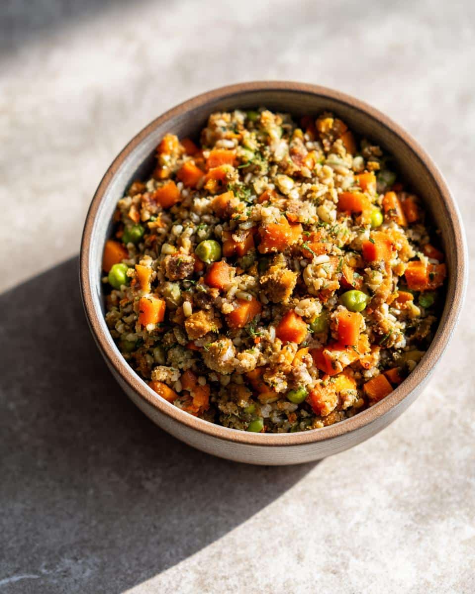 A bowl of homemade Vegan Dog Food Recipe with carrots, peas, and other nutritious ingredients.