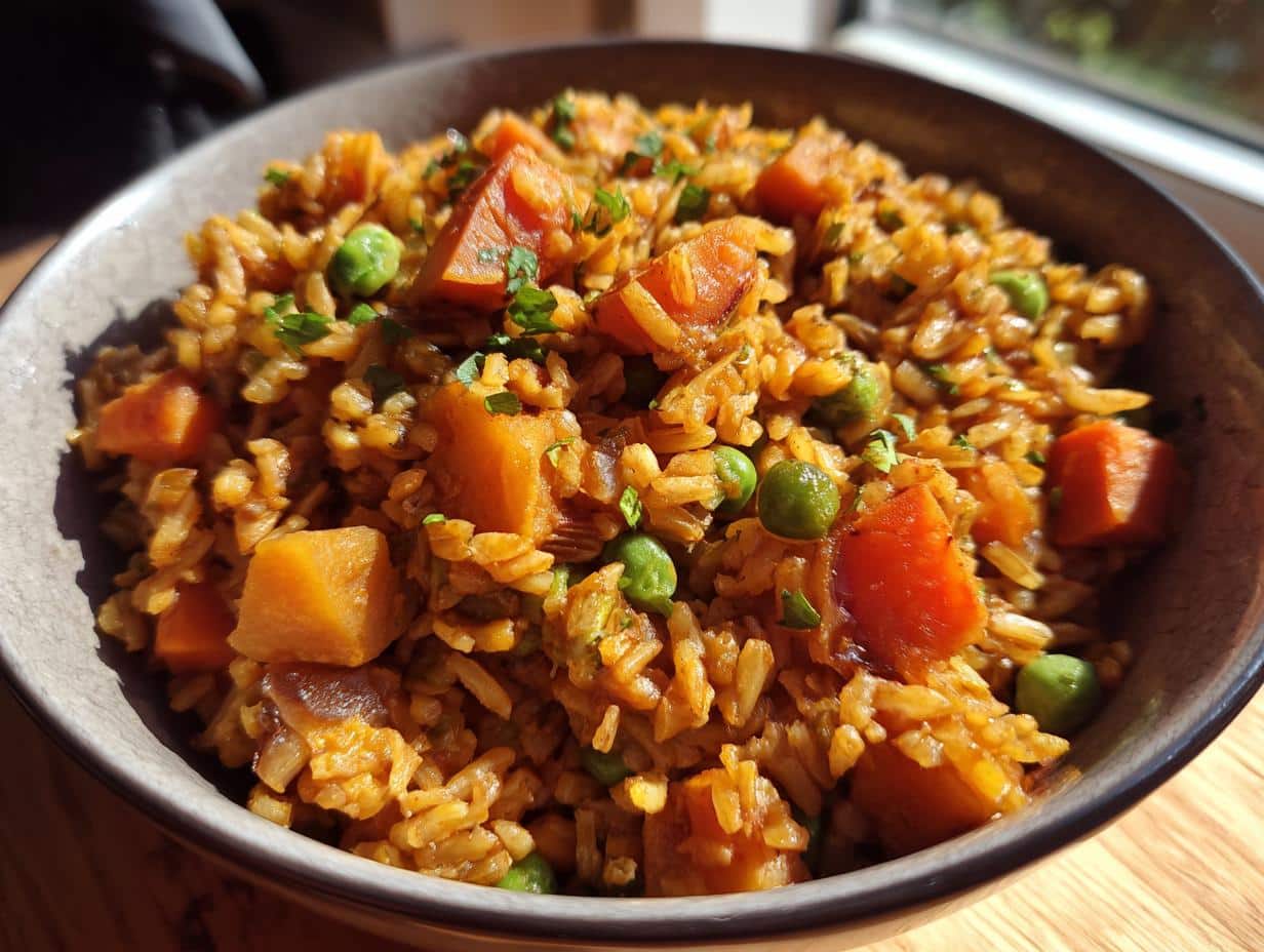 Bowl of homemade Vegan Dog Food Recipe with rice, carrots, peas, and parsley.