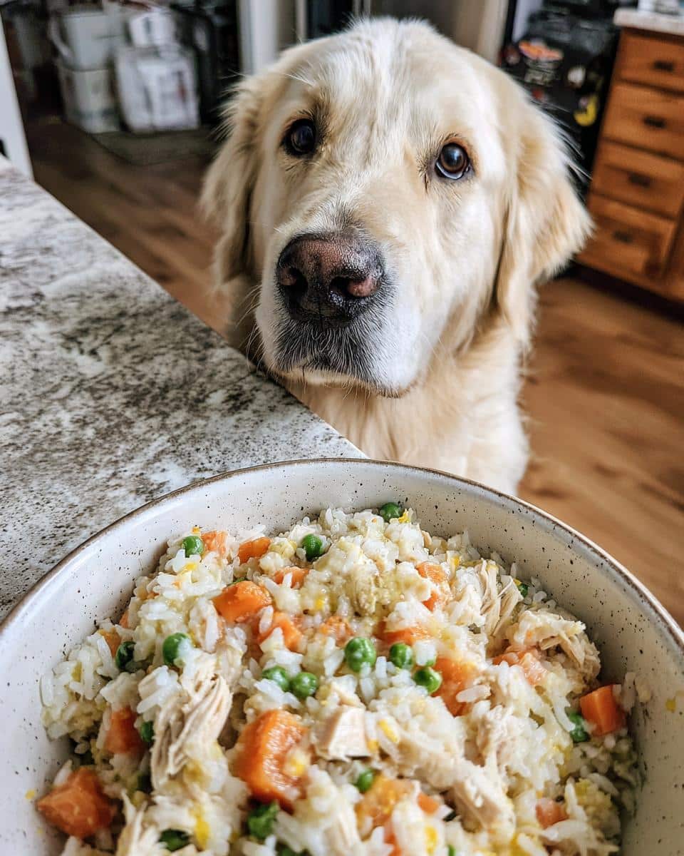 Golden retriever looking longingly at a bowl of vet-approved chicken & rice dog food with carrots and peas.
