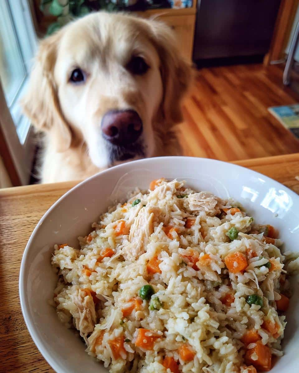 Golden retriever looking longingly at a bowl of Vet-Approved Chicken & Rice Dog Food.