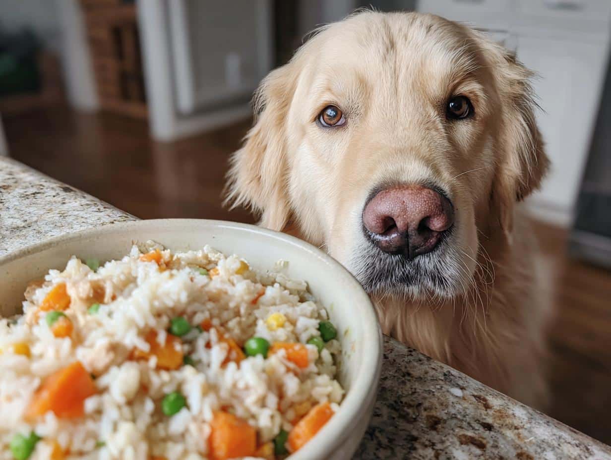 Golden Retriever dog looking longingly at a bowl of Vet-Approved Chicken & Rice Dog Food.