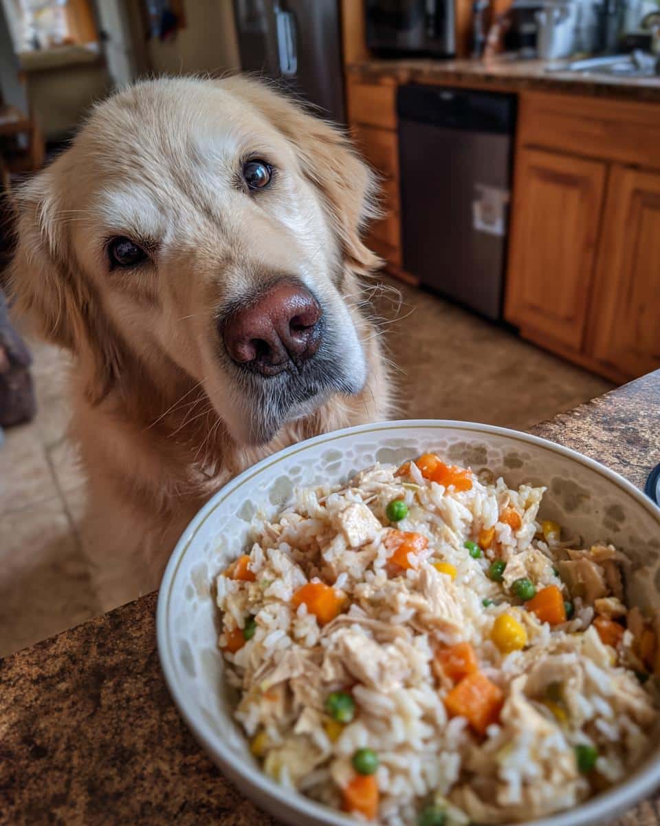 Golden Retriever dog looks longingly at a bowl of vet-approved chicken & rice dog food with carrots and peas.
