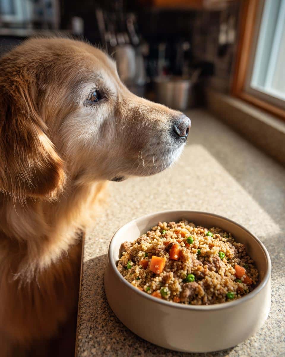 Golden Retriever looking at a bowl of Vet-Approved Turkey & Quinoa Dog Meal with carrots and peas.