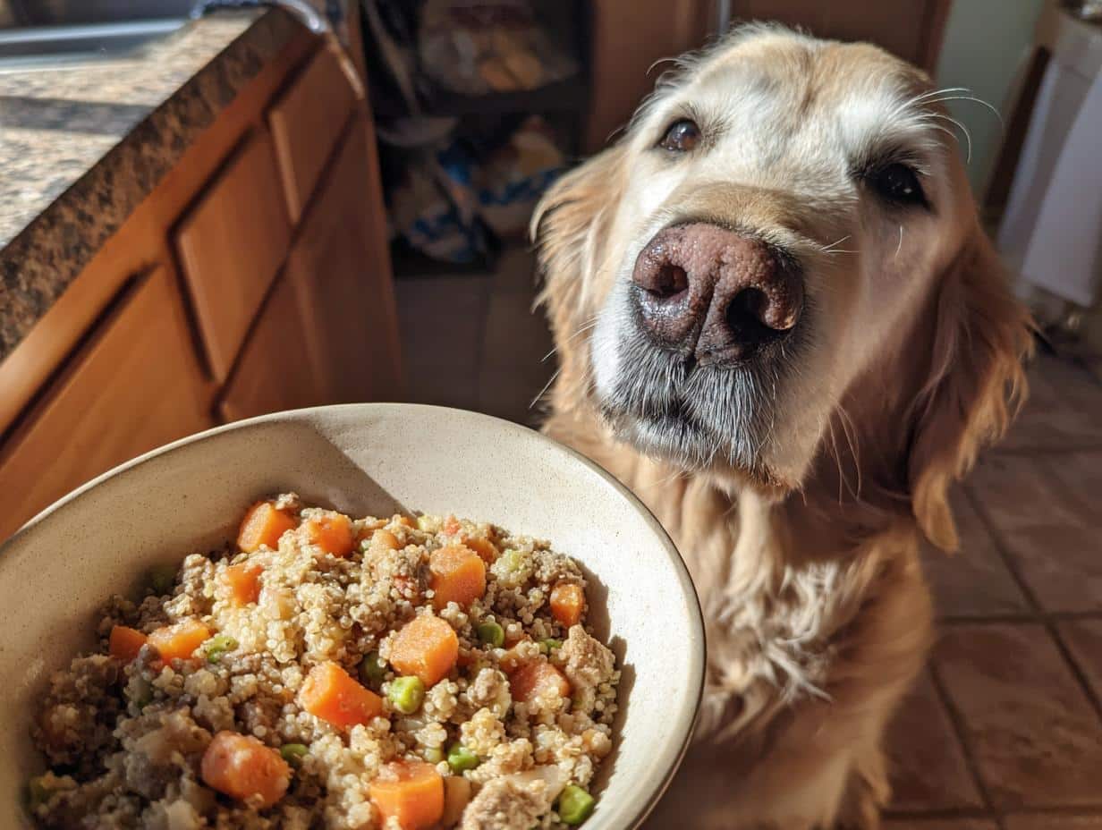 Golden retriever looking at a bowl of Vet-Approved Turkey & Quinoa Dog Meal with carrots and peas.