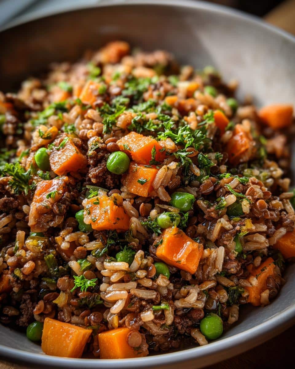Close-up of a bowl of Wholesome Vegetarian Dog Meal with rice, lentils, carrots, peas, and parsley.