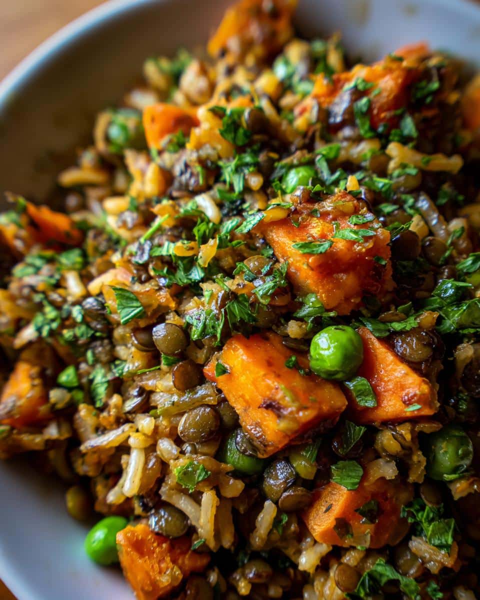 Close-up of a bowl of Wholesome Vegetarian Dog Meals with sweet potatoes, lentils, rice, and peas.