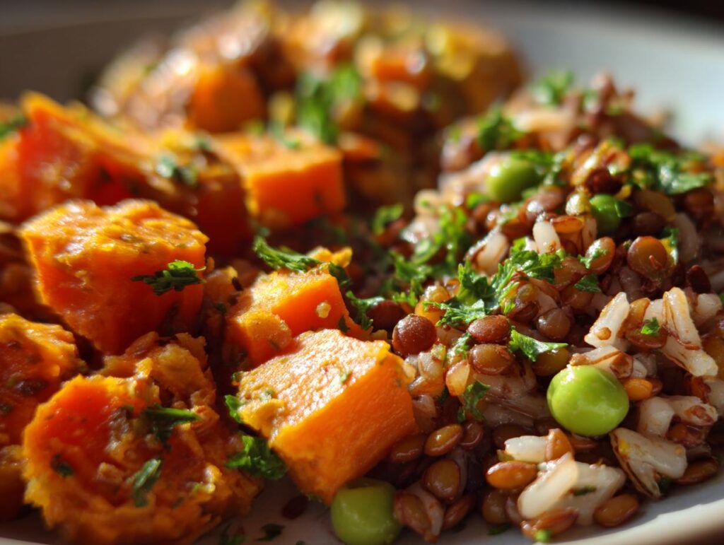 A plate of Wholesome Vegetarian Dog Meals featuring diced sweet potato, lentils, rice, and peas, garnished with parsley.