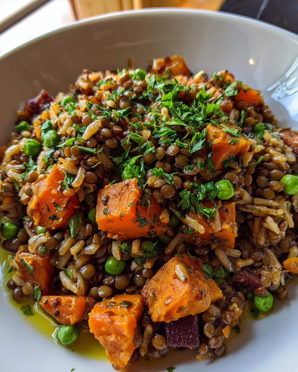 Bowl of Wholesome Vegetarian Dog Meals featuring lentils, rice, sweet potato, peas, and parsley.