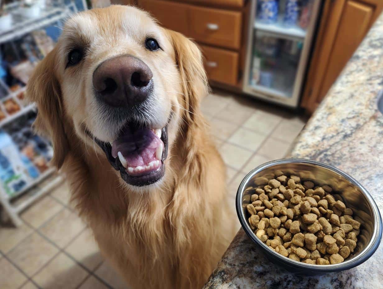 Golden Retriever eagerly awaits a bowl of XL Chicken & Brown Rice Large Dog Food.
