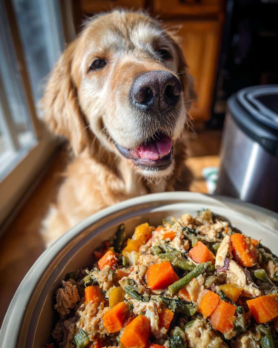 Golden retriever looking eagerly at a bowl of XL Crockpot Chicken & Veggies Dog Food.