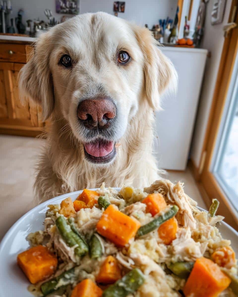 Golden Retriever dog looking at a plate of XL Crockpot Chicken & Veggies Dog Food.