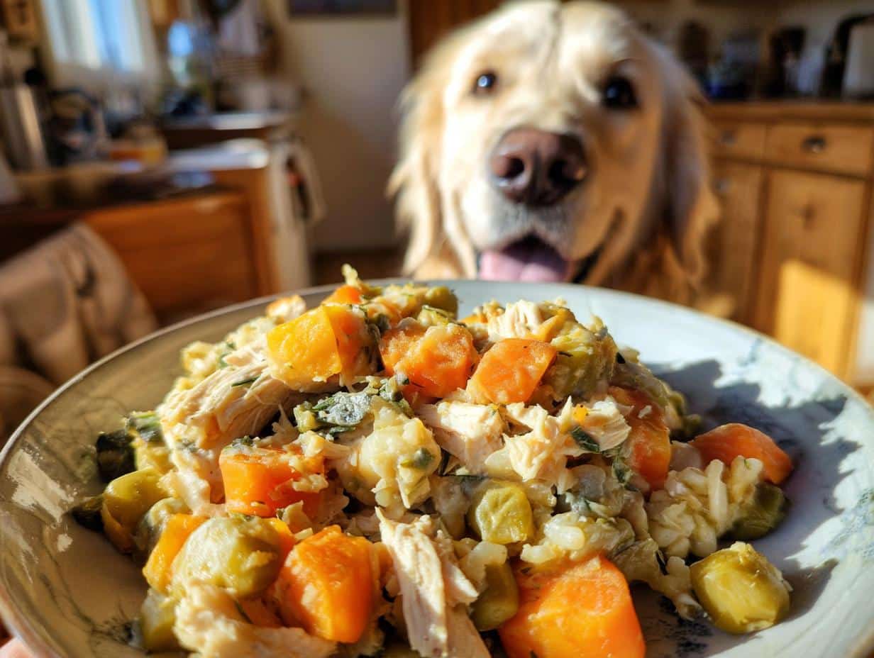 Golden retriever eagerly awaits a plate of XL Crockpot Chicken & Veggies Dog Food.