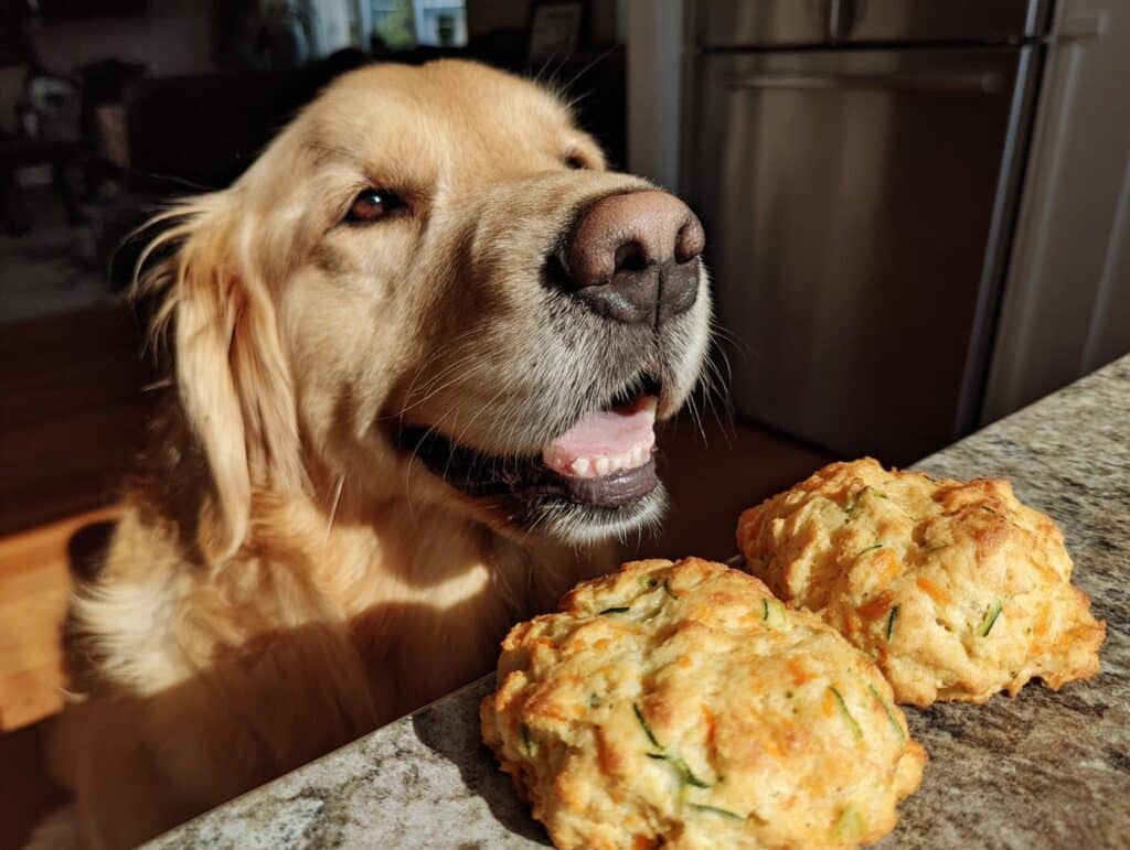 Golden retriever looking at two freshly baked Zucchini Cheddar Biscuits – Recipe for Dogs.
