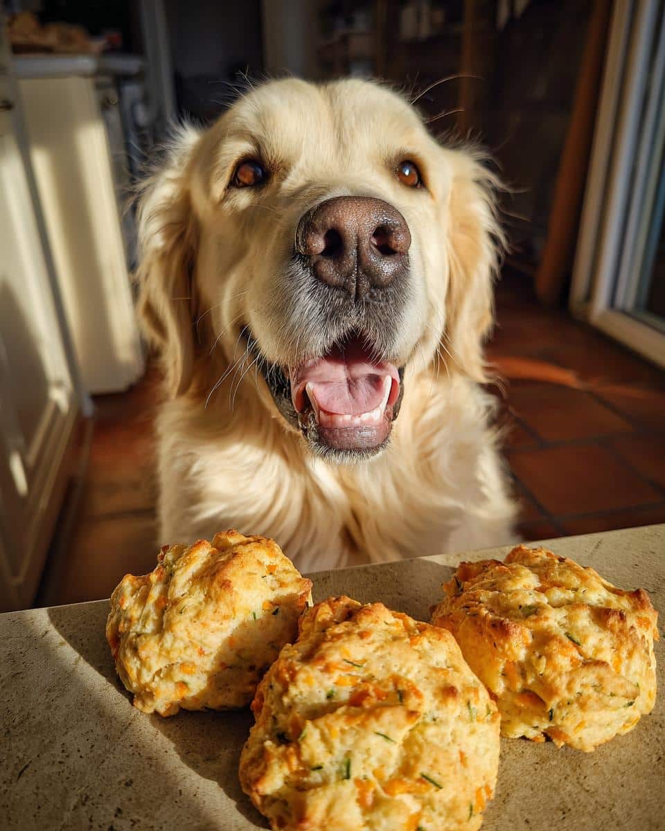 Golden Retriever eagerly awaits Zucchini Cheddar Biscuits. A dog-friendly recipe.