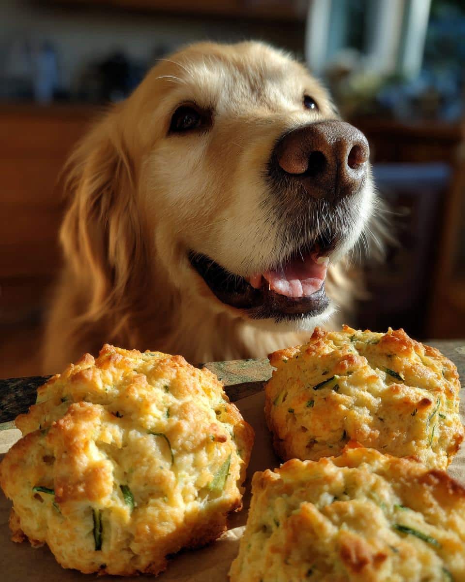 Golden Retriever eagerly awaits Zucchini Cheddar Biscuits. Homemade dog treats.