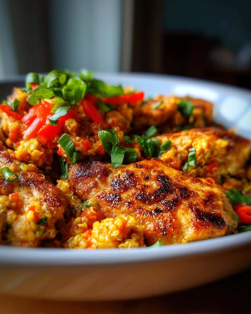 Close-up of 15-Minute Chicken & Quinoa Dog Meal in a bowl, garnished with herbs and red pepper.