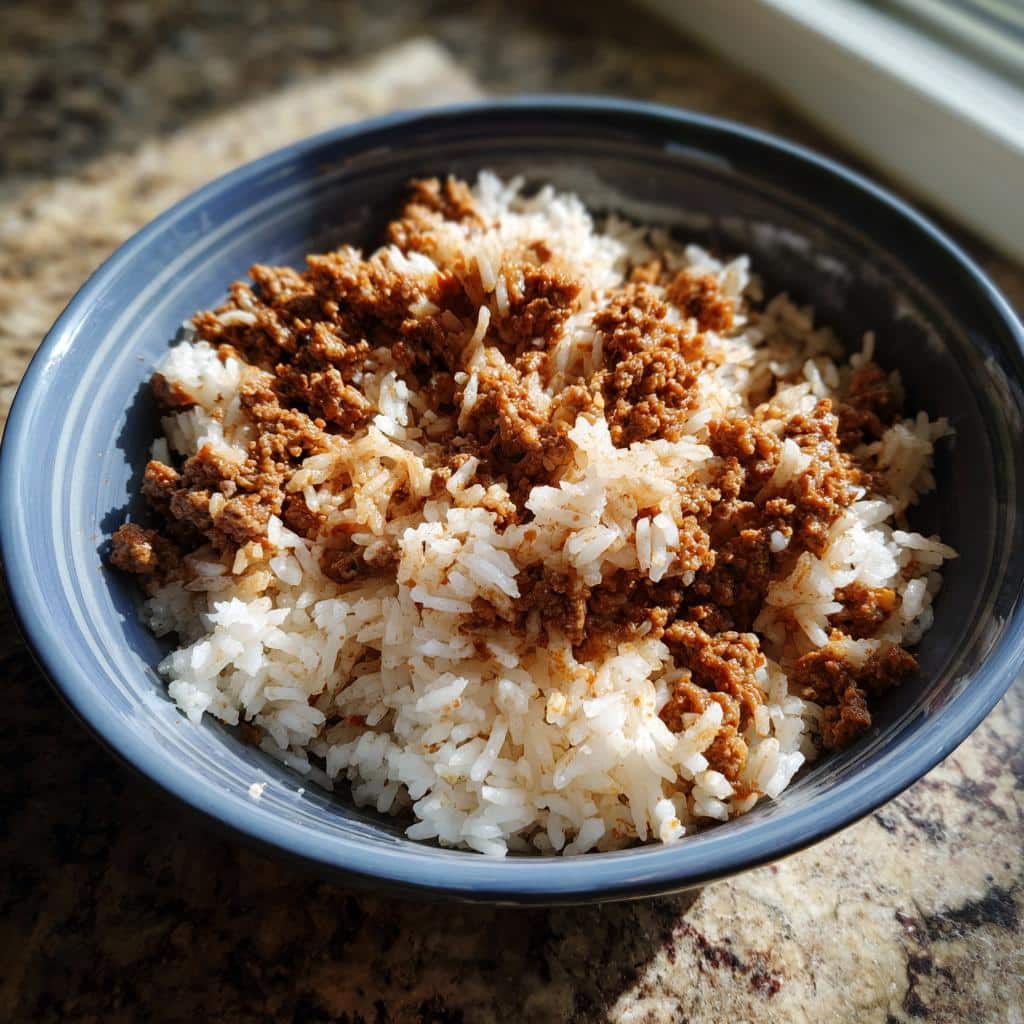 A bowl of 2-Ingredient Beef & Rice Dog Food, featuring white rice topped with cooked ground beef.
