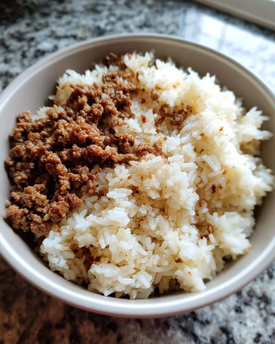 Bowl of 2-Ingredient Beef & Rice Dog Food. Simple, healthy meal for your furry friend.
