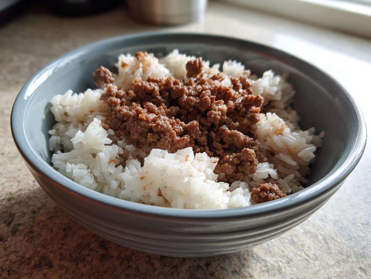A bowl of 2-Ingredient Beef & Rice Dog Food, showing cooked rice topped with ground beef.