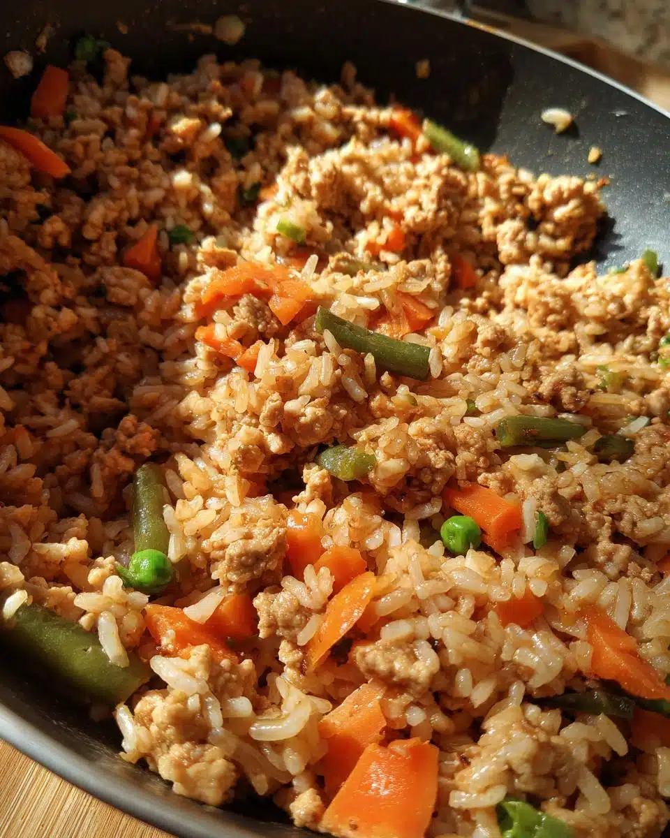 Close-up of 5-Ingredient Chicken & Rice Dog Food in a pan, featuring chicken, rice, carrots, and green beans.