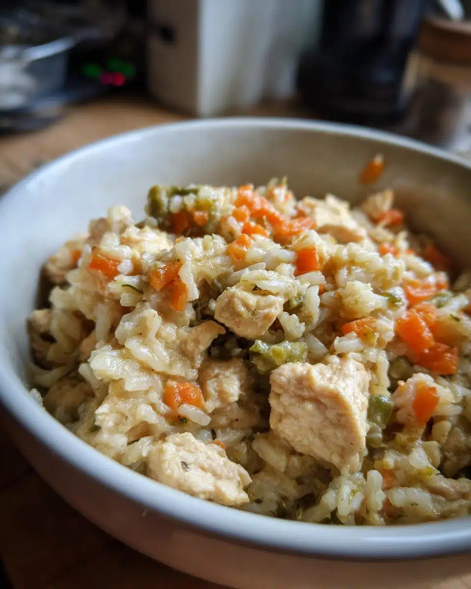 A bowl of homemade 5-Ingredient Chicken & Rice Dog Food, featuring chicken, rice, carrots, and green beans.