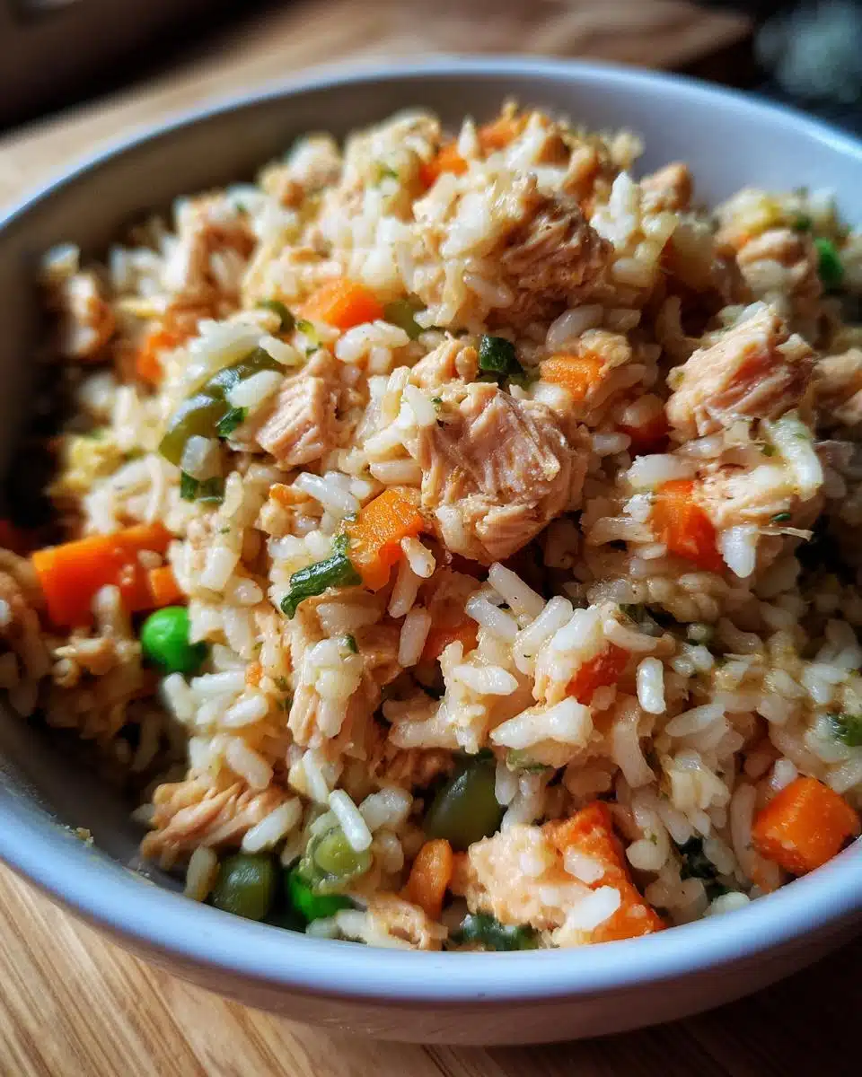 A bowl of homemade 5-Ingredient Chicken & Rice Dog Food with chicken, rice, carrots, and peas.