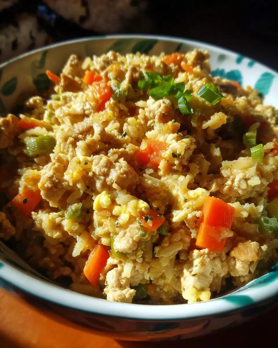 Close-up of a bowl of 5-Ingredient Chicken & Rice Dog Food with chicken, rice, carrots, and green onions.