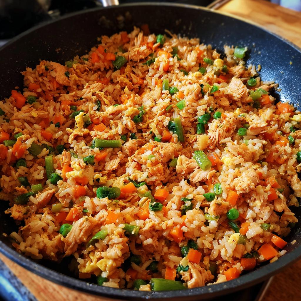 Close-up of 5-Ingredient Chicken & Rice Dog Food with visible chicken, rice, carrots, peas, and green beans in a pan.