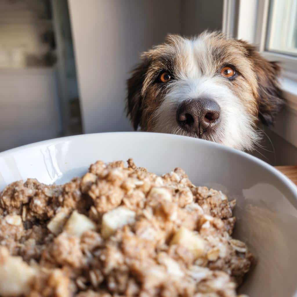 A dog eagerly looks at a bowl of Apple & Oat Homemade Dog Food. Focus on the food and dog's face.