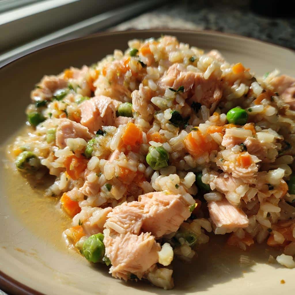 A plate of homemade Baked Salmon & Oats Dog Meal, featuring salmon, rice, carrots, and peas.