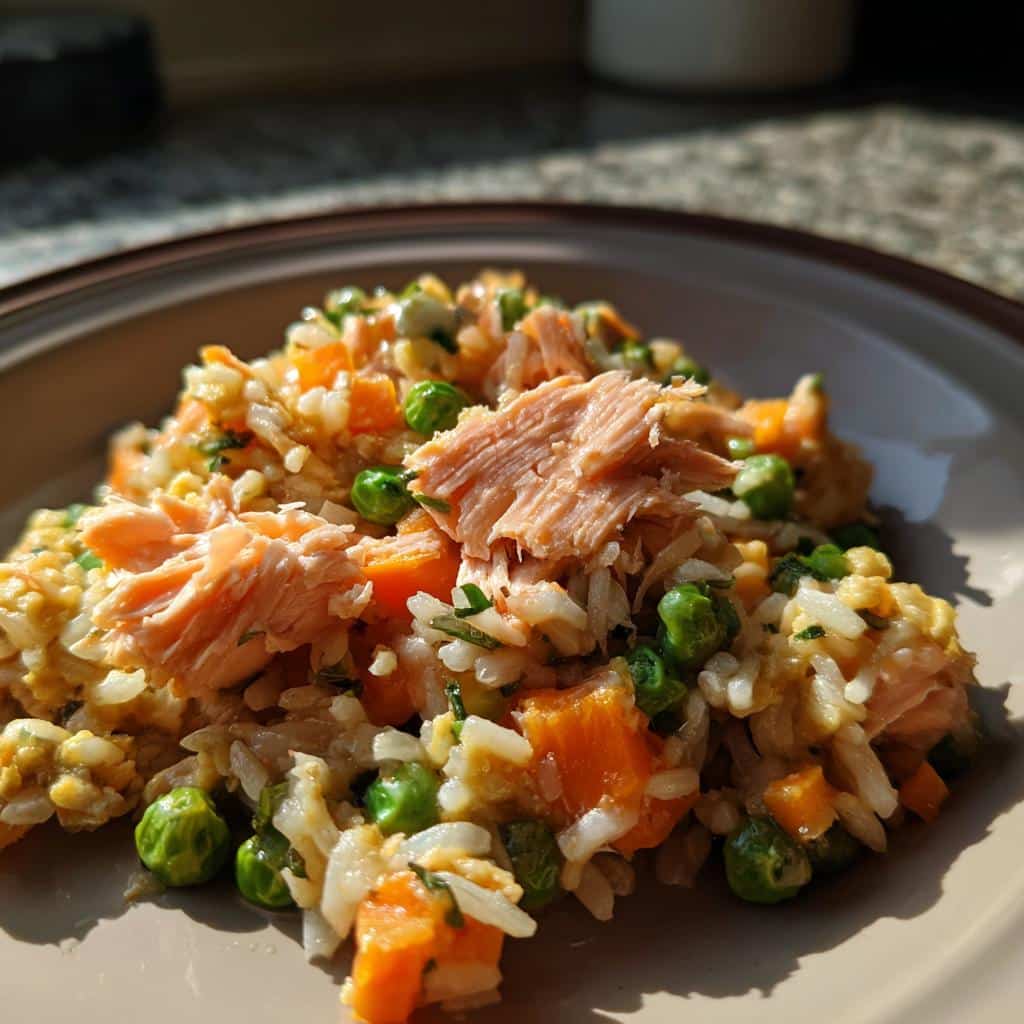 A plate of homemade Baked Salmon & Oats Dog Meal, featuring salmon, oats, carrots, and peas.