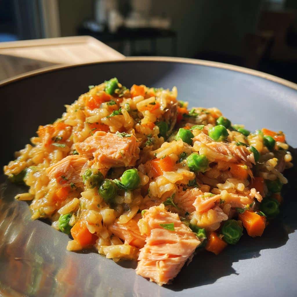 A serving of Baked Salmon & Oats Dog Meal with peas and carrots on a gray plate.