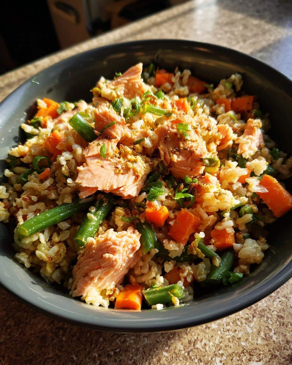 A bowl of Baked Salmon & Oats Dog Meal with salmon, oats, carrots, and green beans.