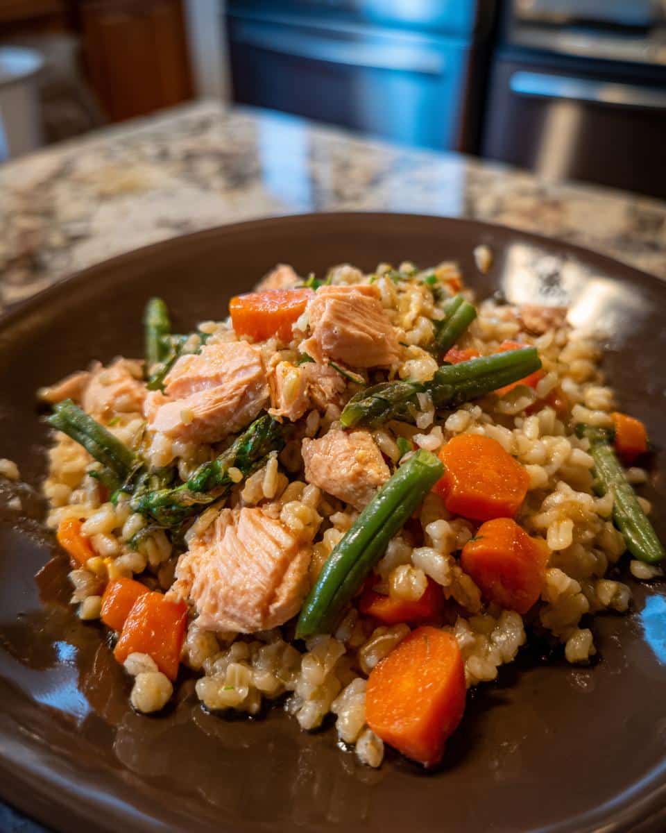 A plate of Baked Salmon & Oats Dog Meal, featuring salmon, oats, carrots, and green beans.