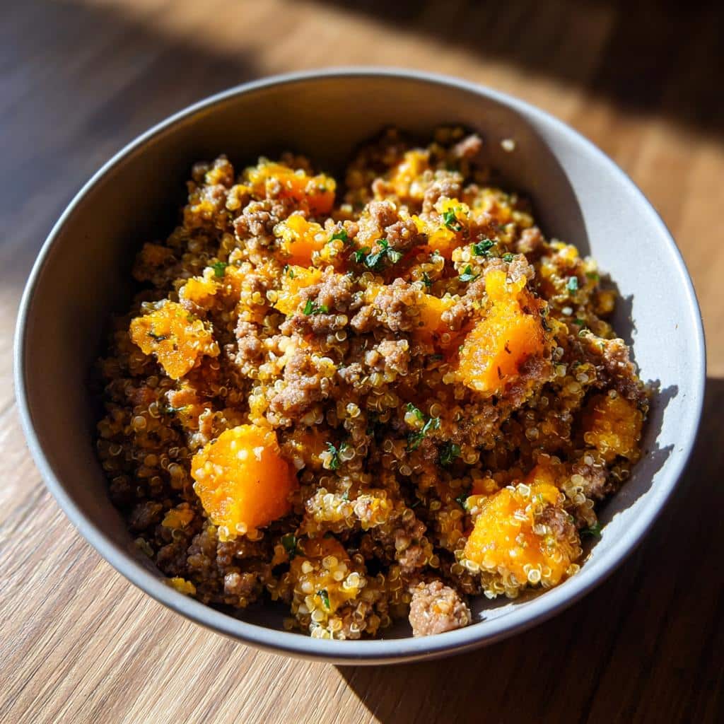 A bowl of Balanced Beef & Pumpkin Dog Recipe, featuring beef, pumpkin, and quinoa, garnished with herbs.
