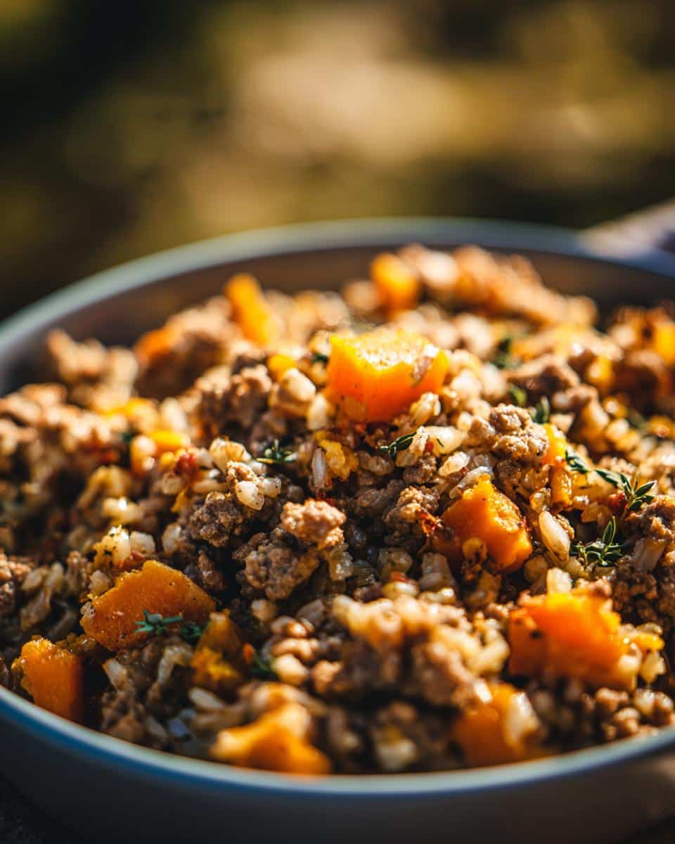 Close-up of a bowl of Balanced Beef & Pumpkin Dog Recipe, showing beef, pumpkin, rice, and herbs.