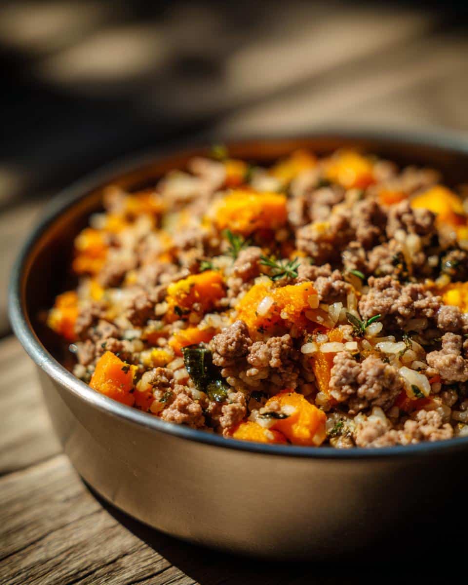 A bowl filled with a Balanced Beef & Pumpkin Dog Recipe, featuring ground beef, pumpkin chunks, and rice.