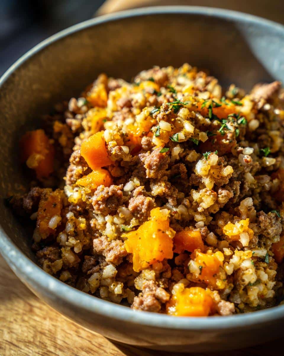 A bowl of freshly made Balanced Beef & Pumpkin Dog Recipe, featuring beef, pumpkin, and rice.