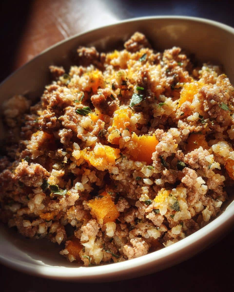 A bowl of freshly prepared Balanced Beef & Pumpkin Dog Recipe, ready to be served.