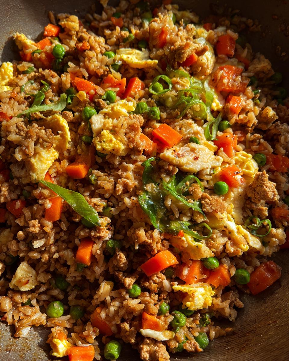 Close-up of a Balanced Egg & Veggie Homemade Dog Meal, featuring rice, carrots, peas, and scrambled eggs.