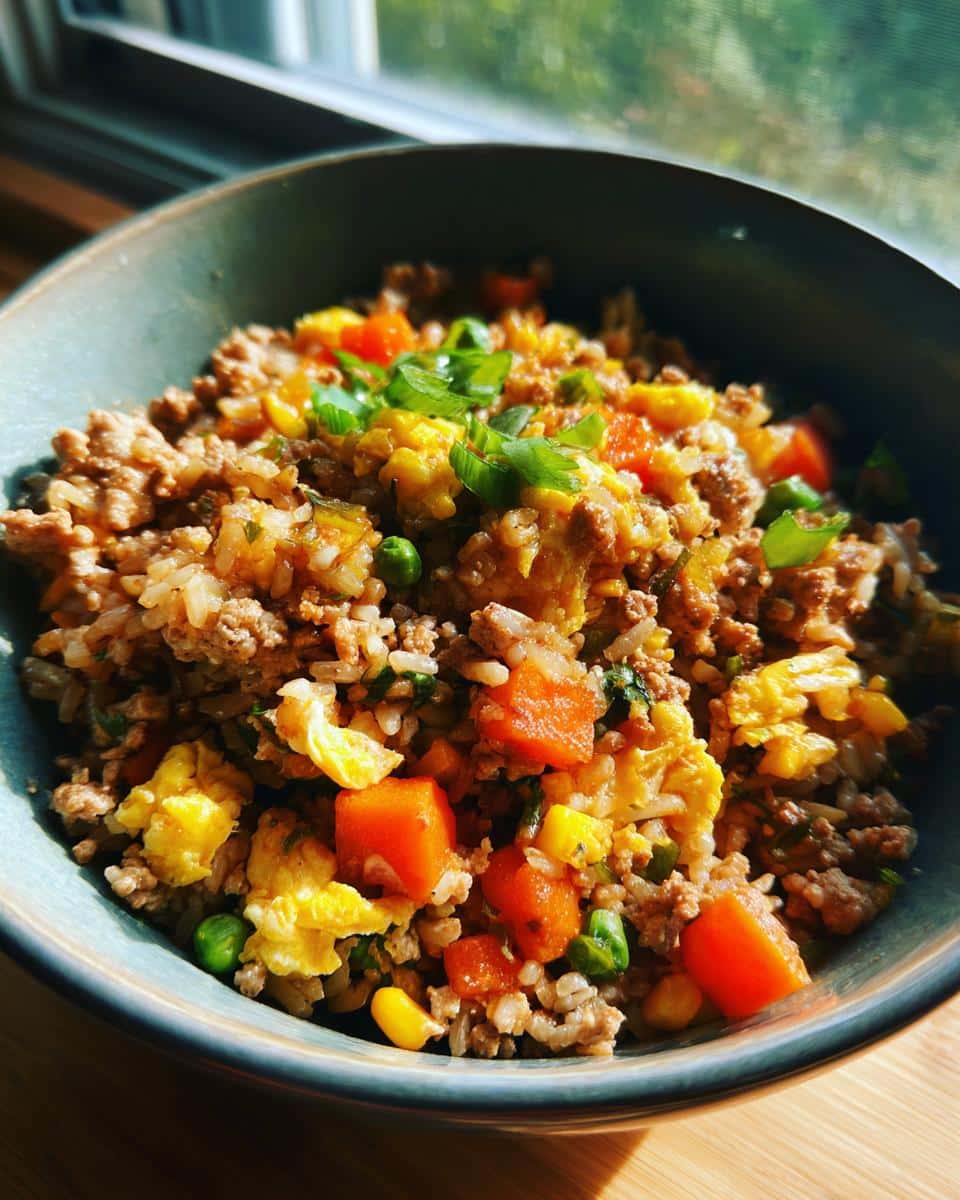 A bowl of Balanced Egg & Veggie Homemade Dog Meal, featuring rice, meat, eggs, carrots, peas, and corn.