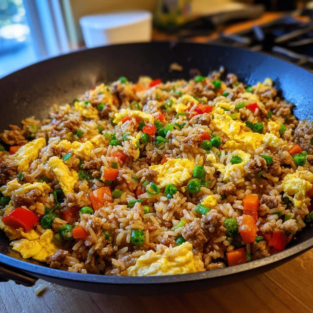 A wok filled with a Balanced Egg & Veggie Homemade Dog Meal, featuring rice, scrambled eggs, ground meat, and colorful vegetables.