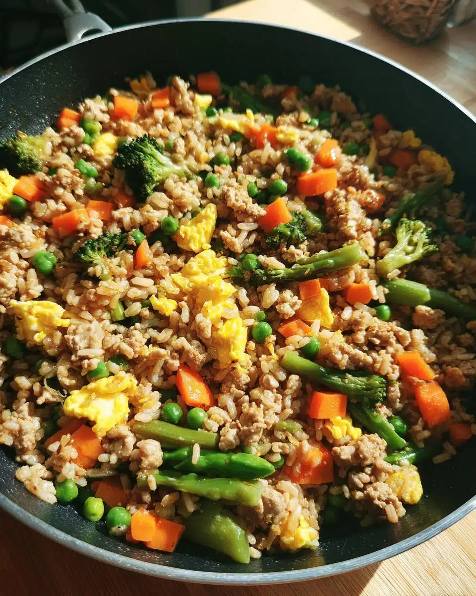 Close-up of a Balanced Egg & Veggie Homemade Dog Meal in a pan, featuring rice, eggs, carrots, peas, and broccoli.