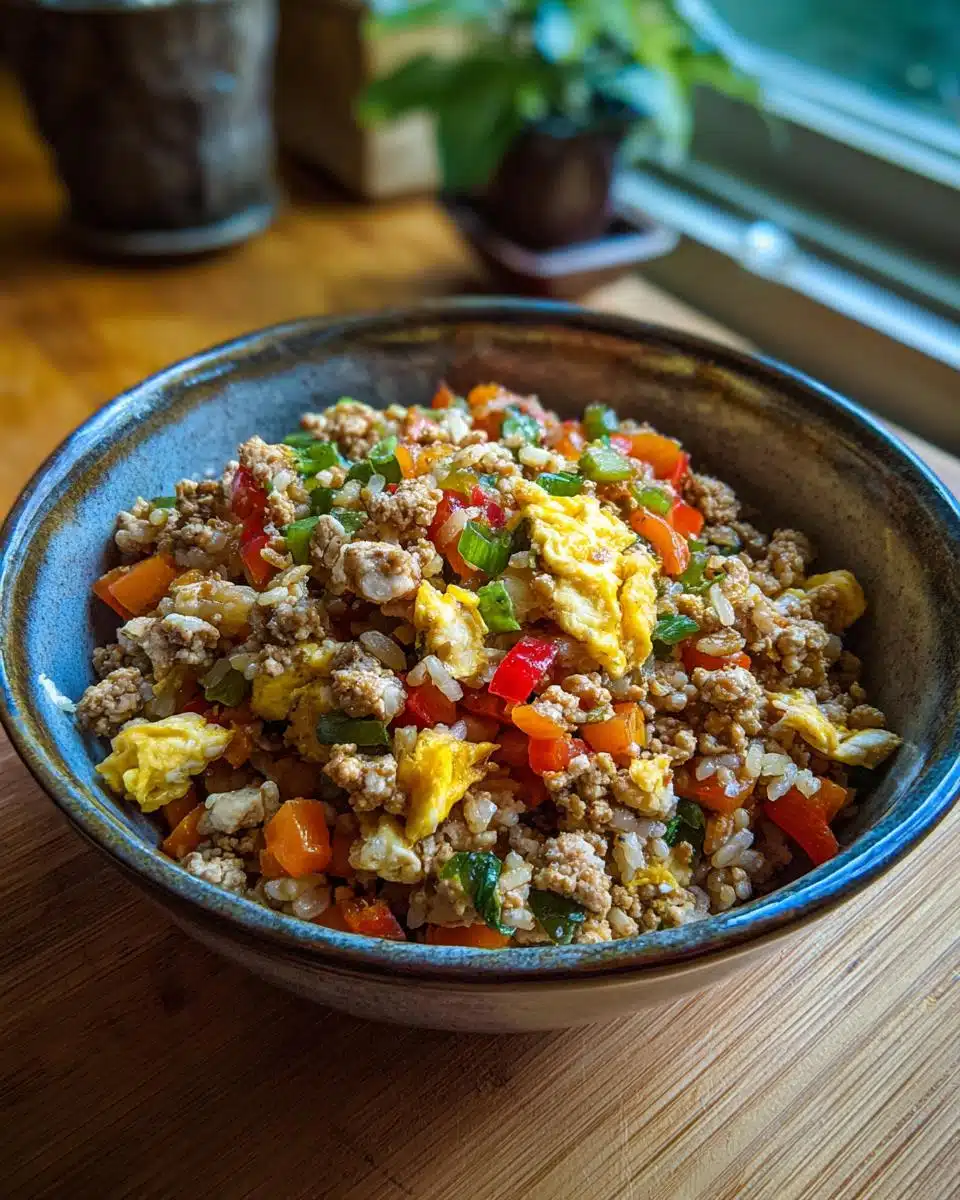 A bowl of Balanced Egg & Veggie Homemade Dog Meal, featuring eggs, ground meat, rice, and colorful vegetables.
