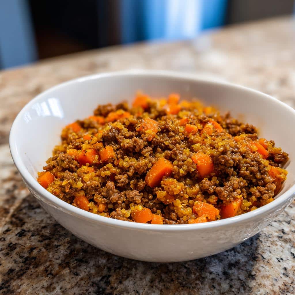 A bowl of Beef & Carrot Puppy Energy Food, featuring ground beef and diced carrots.