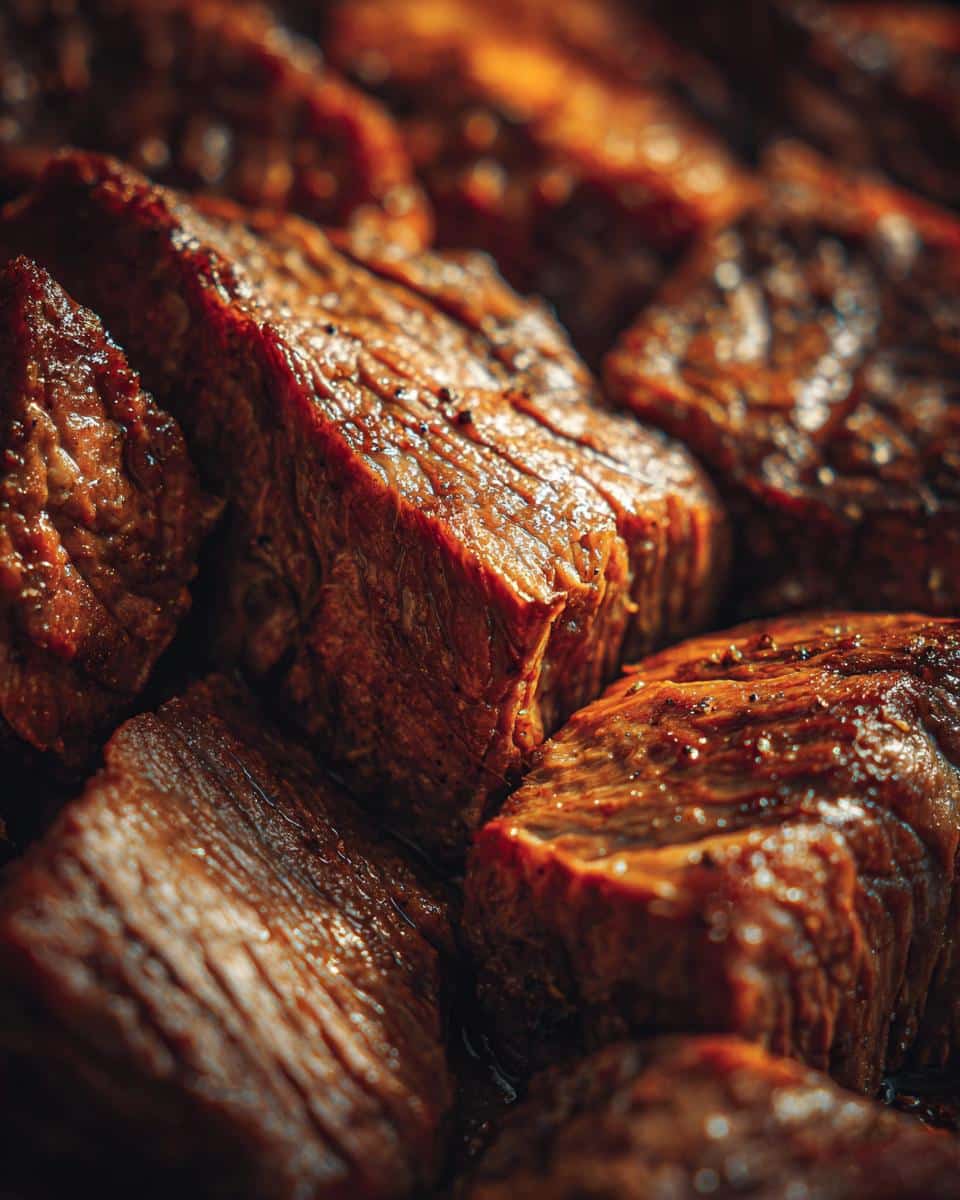 Close-up of cooked beef chunks, an ingredient for All-Time Favorite Beef & Veggie Dog Food.