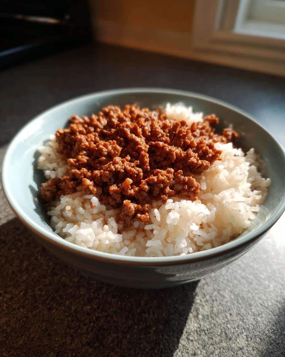 A bowl of 2-Ingredient Beef & Rice Dog Food, showing the beef topping the rice.