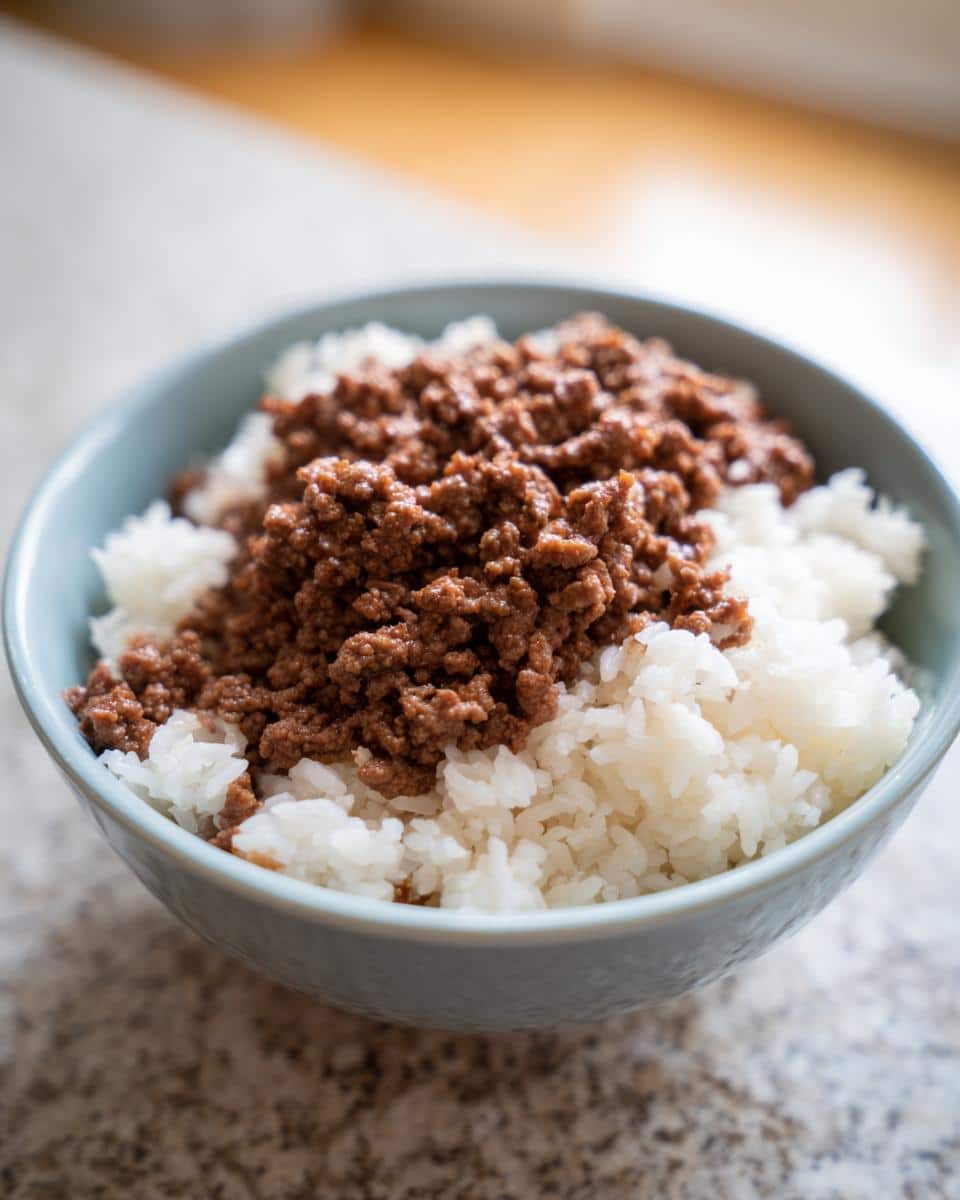 A bowl of 2-Ingredient Beef & Rice Dog Food Recipe, showing cooked ground beef on top of white rice.