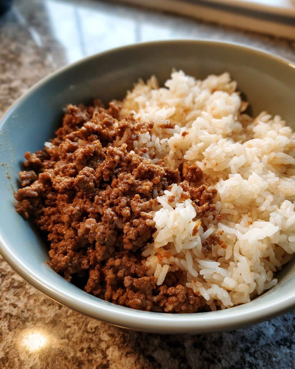 A bowl of 2-Ingredient Beef & Rice Dog Food, showing ground beef and cooked rice.